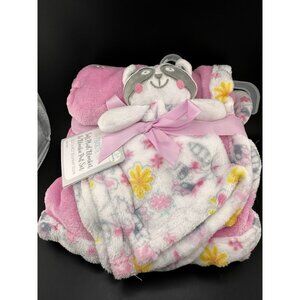 Le Bebe Pink Floral Baby Security Blanket 30” X 40” Fleece Raccoon Lovey NWT